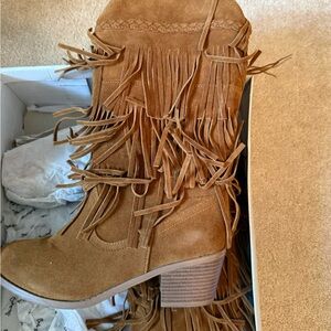 Qupid Tan Heels with Fringe Detail